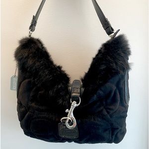 Coach bag. Black suede with fur and leather trim.